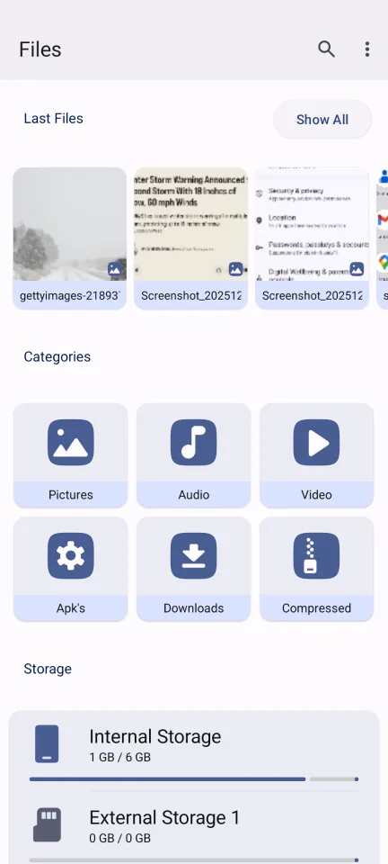 Advanced File Manager — Storage overview home screen
