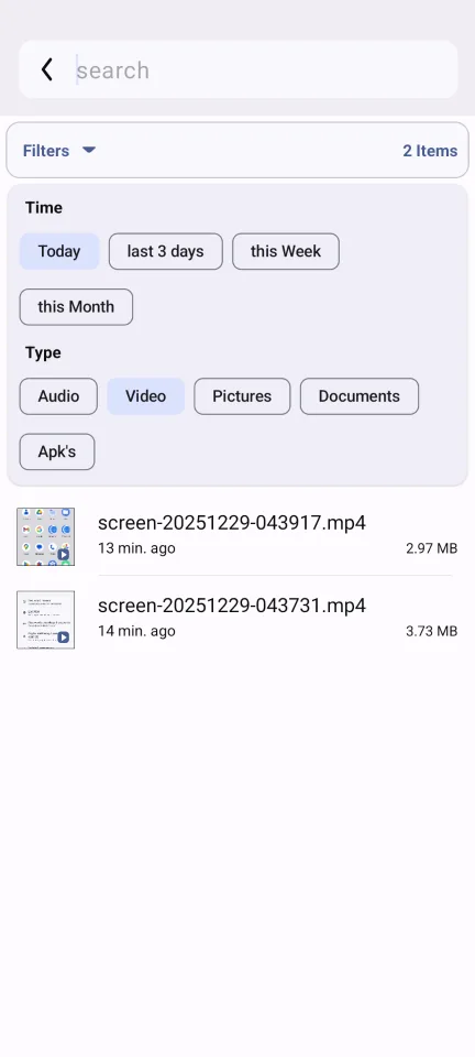 Advanced File Manager — Search filters — file type