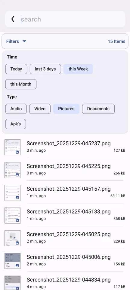 Advanced File Manager — Search filters — size and date