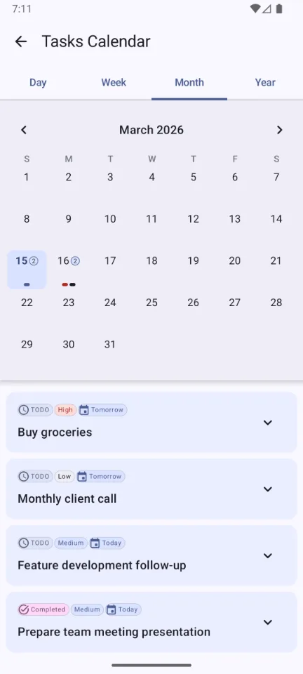 TaskFlow — Calendar — month view