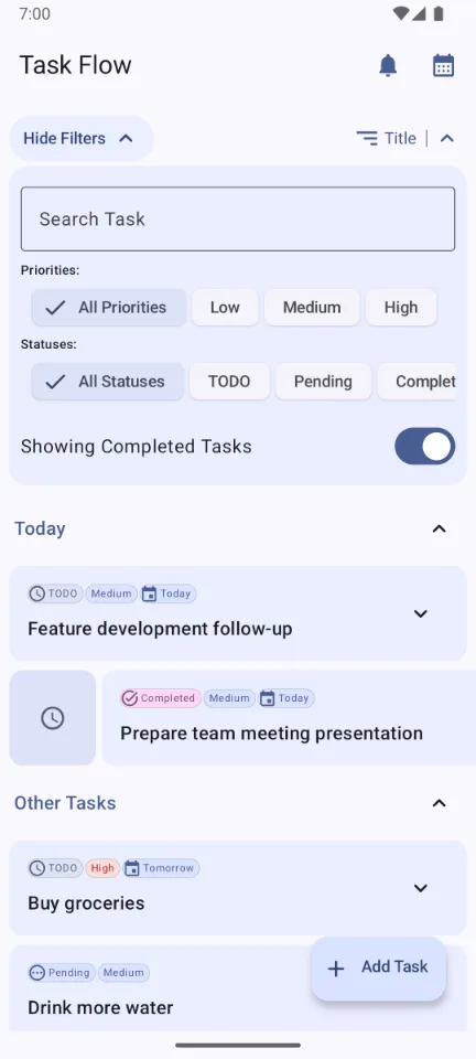 TaskFlow — Task list with live filtering