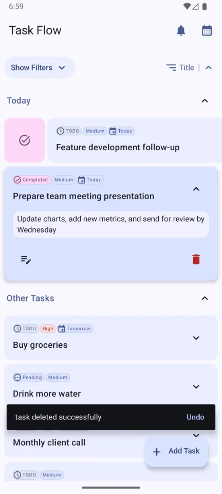 TaskFlow — Complete a task with undo