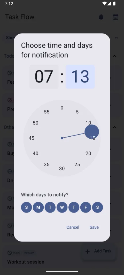 TaskFlow — Reminder time picker
